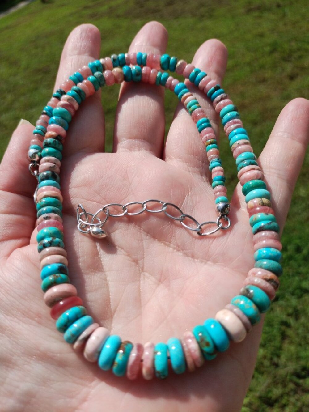 Jay King DTR 925 Sterling Silver Turquoise and Rhodochrosite disc Bead Necklace
